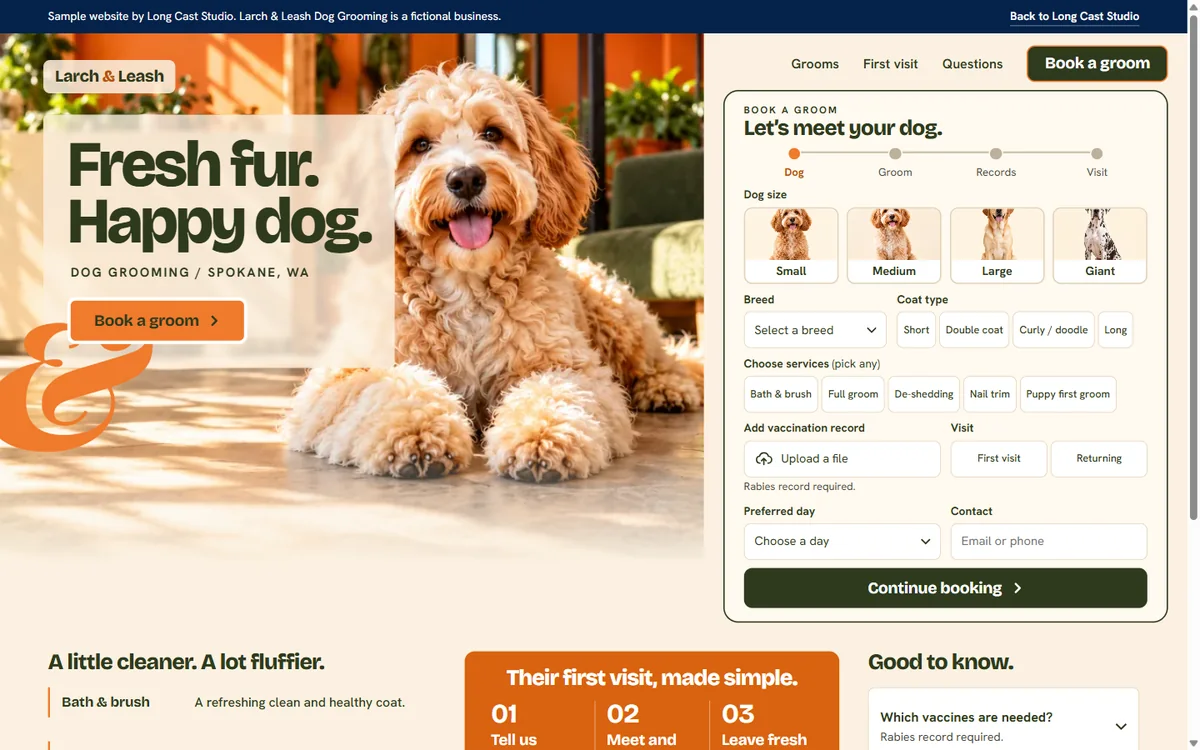 Larch and Leash Dog Grooming sample homepage