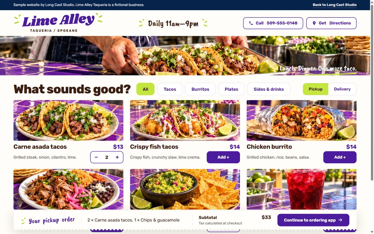 Lime Alley Taqueria sample homepage