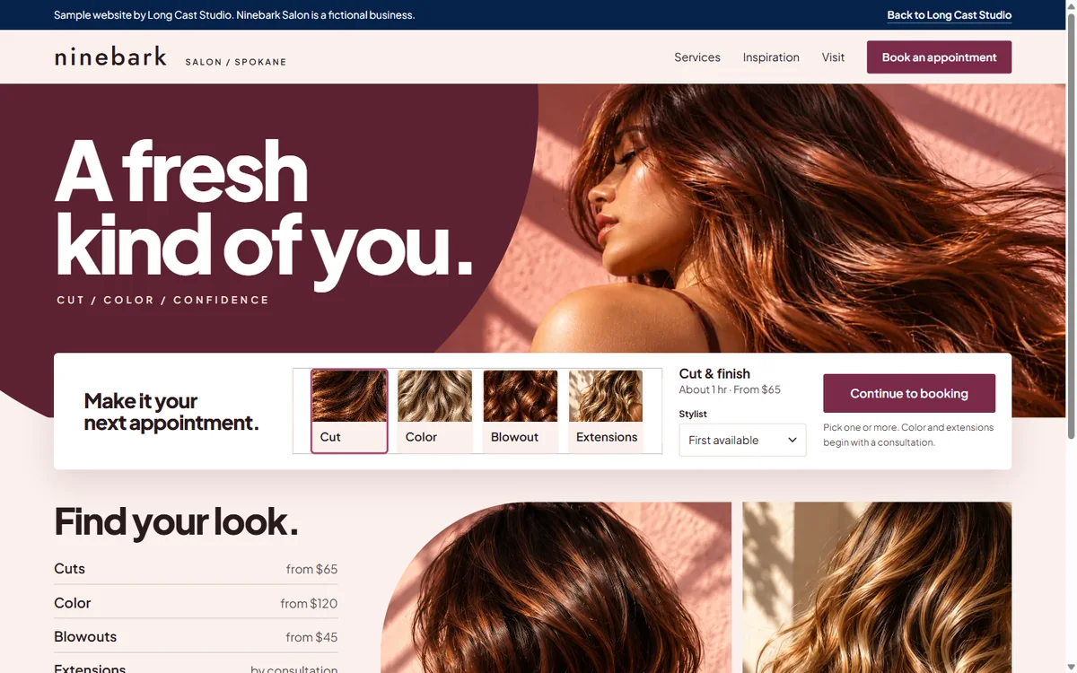 Ninebark Salon sample homepage