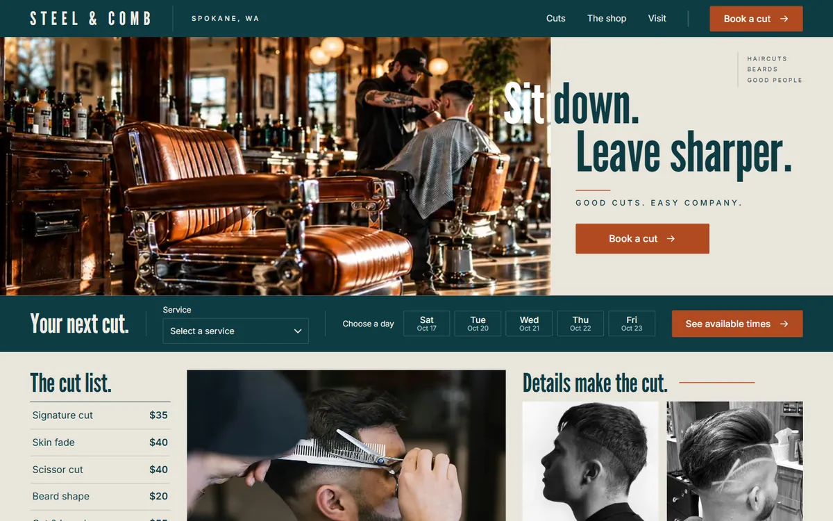 Steel and Comb Barbers sample homepage