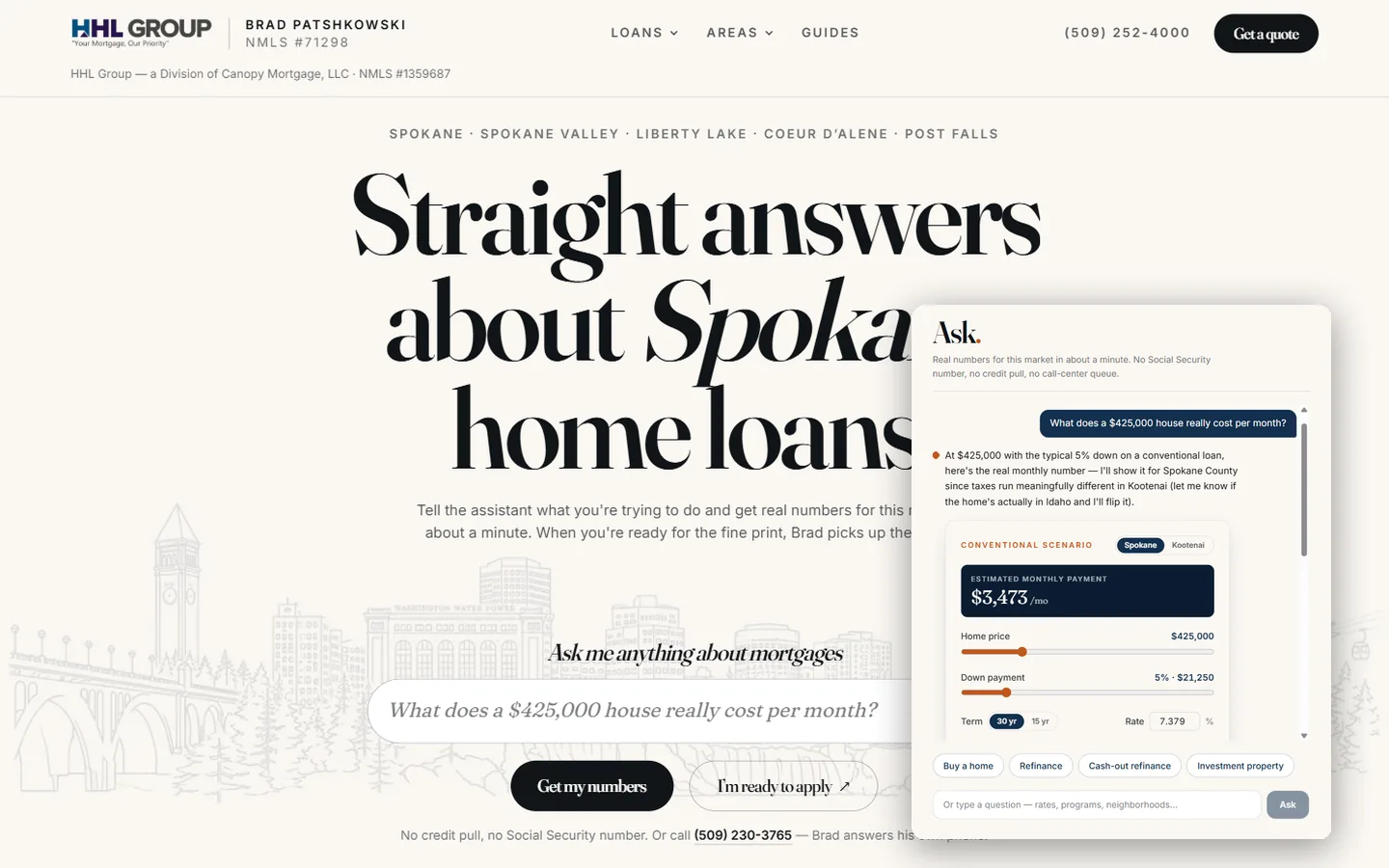 Spokane Loan Team homepage with the mortgage assistant showing a monthly payment breakdown