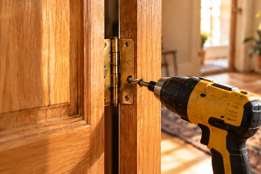 Drill tightening a brass hinge on a wood door