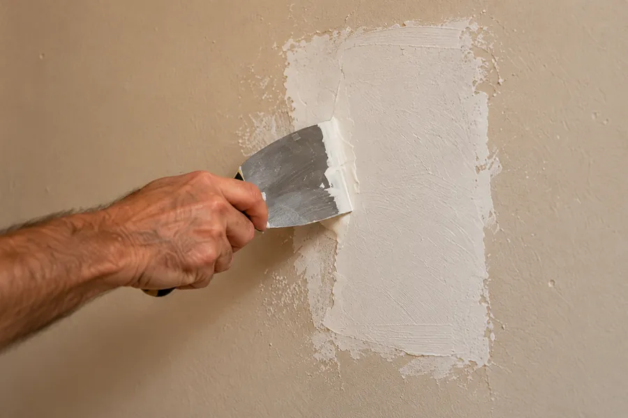 Hand smoothing a fresh drywall patch with a putty knife