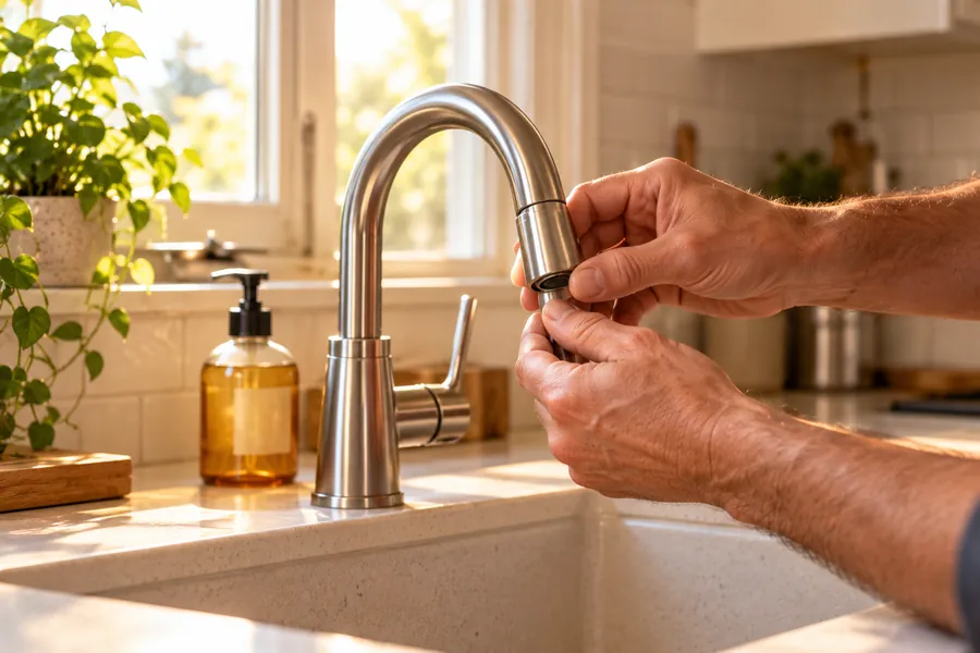 Hands adjusting a kitchen faucet