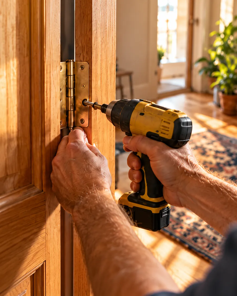 Hands driving a screw into a brass door hinge with a yellow cordless drill