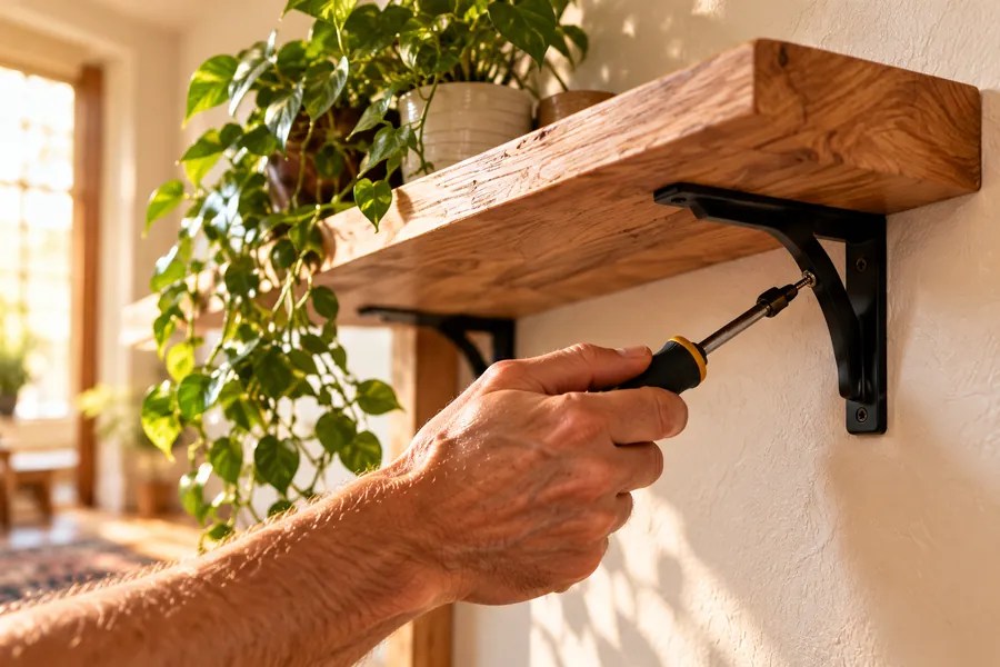 Screwdriver fixing a floating shelf bracket