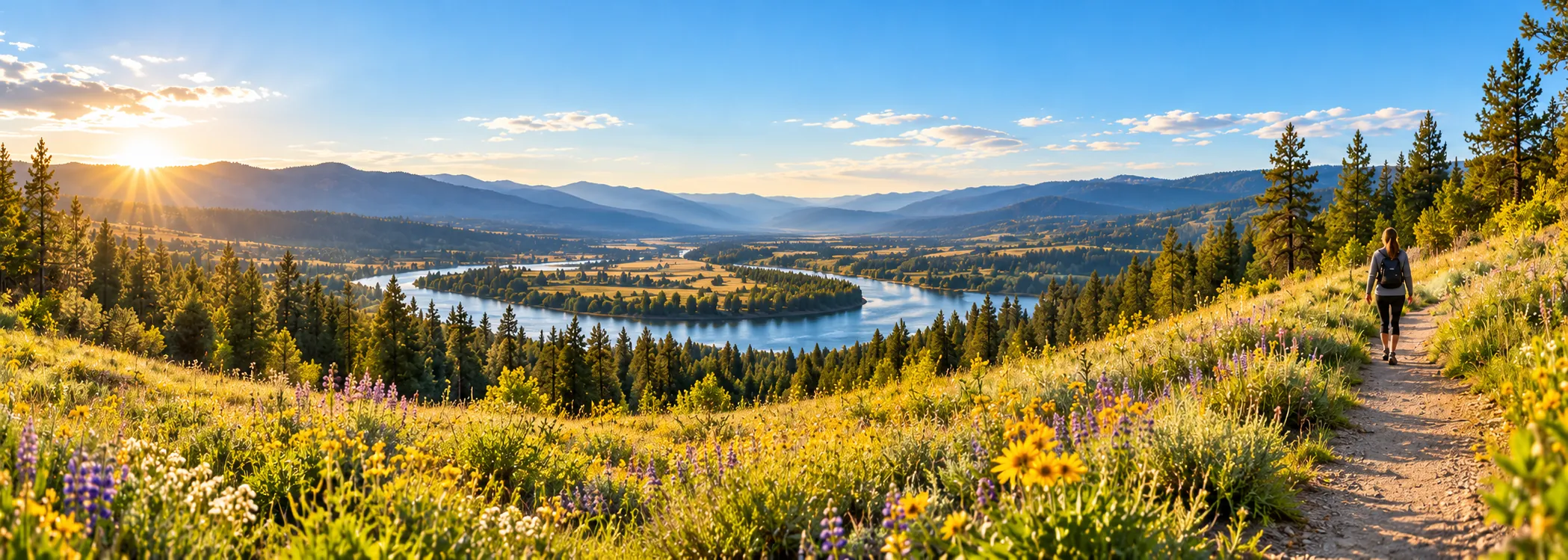A sunlit Inland Northwest river valley with pine hills, wildflowers, and a hiker on a trail