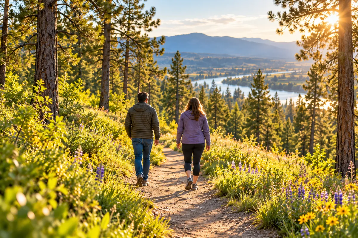 Two adults walking side by side on a sunlit forest trail, seen from behind