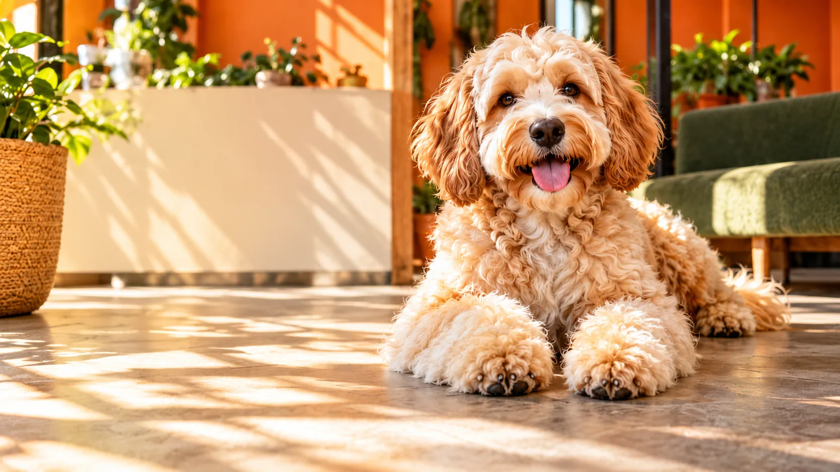 Freshly groomed apricot doodle lying on a sunlit salon floor, tongue out, with plants and an orange wall behind