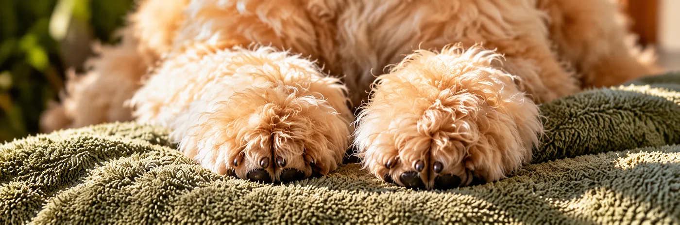 Close-up of fluffy apricot paws resting on an olive towel