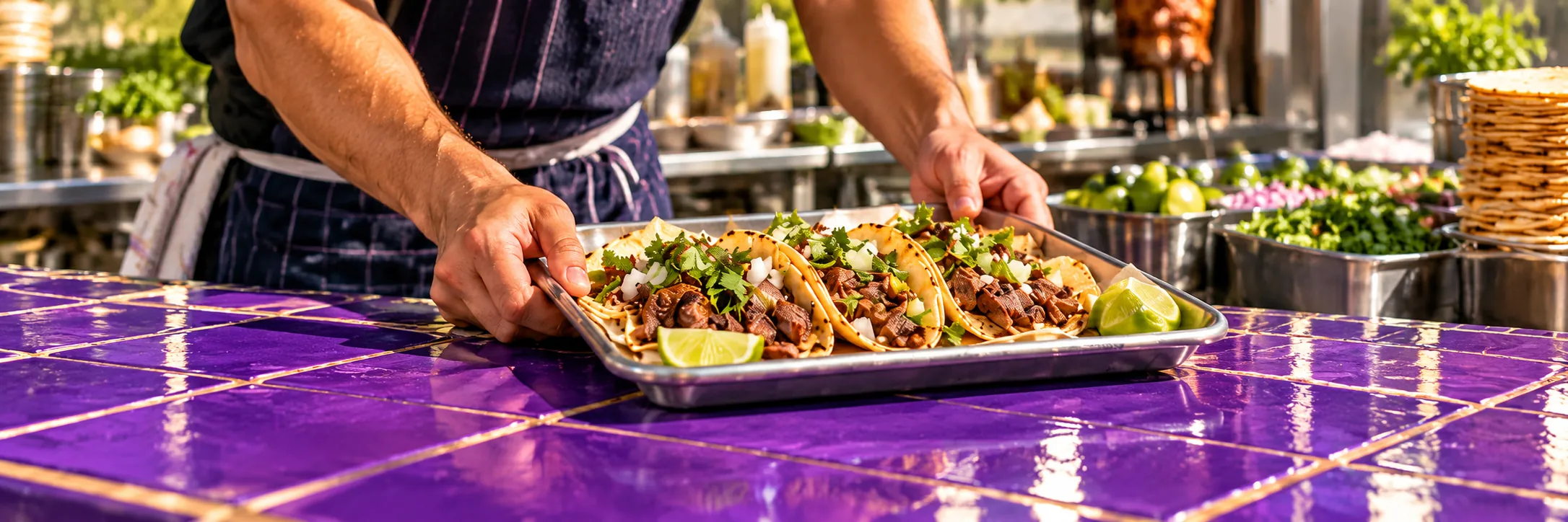 A cook sets a tray of carne asada tacos on a purple tile counter in an outdoor taqueria