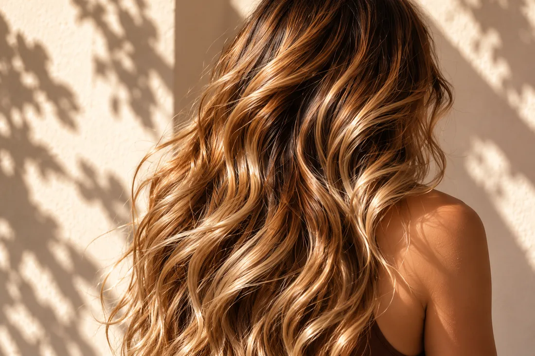 Long honey balayage waves catching sunlight and leaf shadows