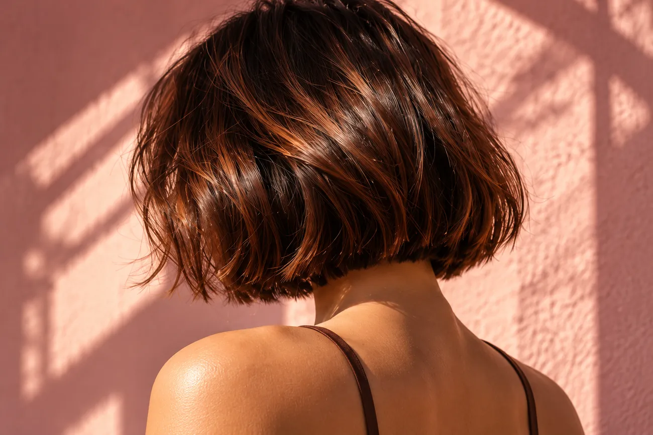 Back view of a glossy chocolate-brown bob with copper glints against a sunlit rose plaster wall