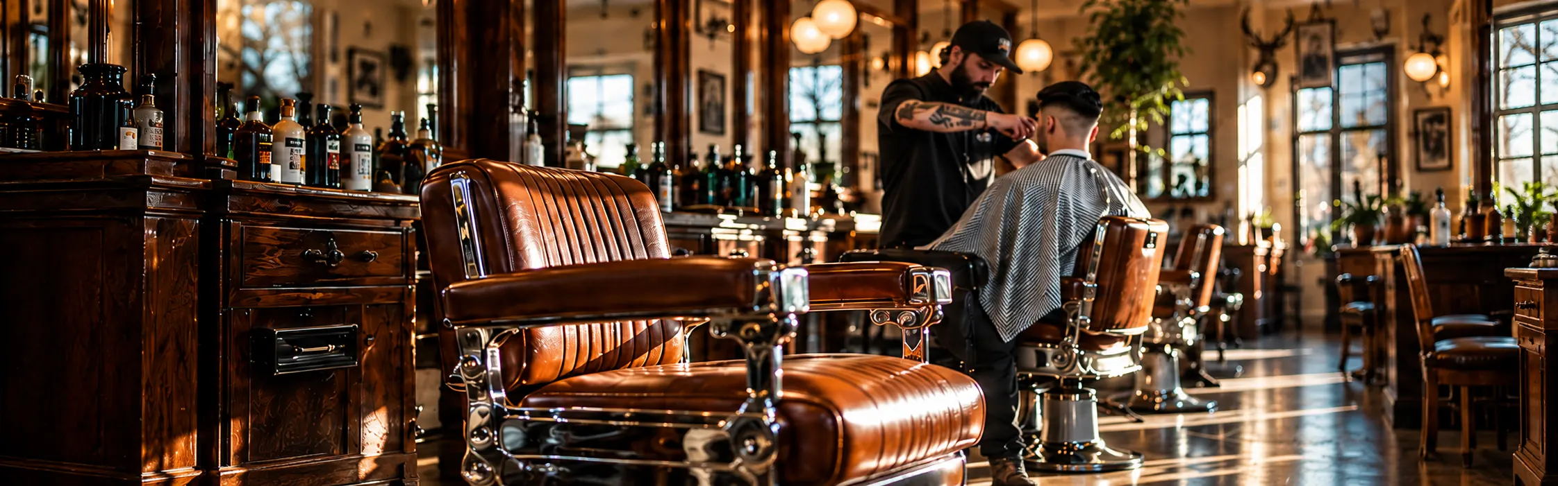 Barber cutting a client's hair beside a polished leather barber chair in a sunlit wood-paneled shop