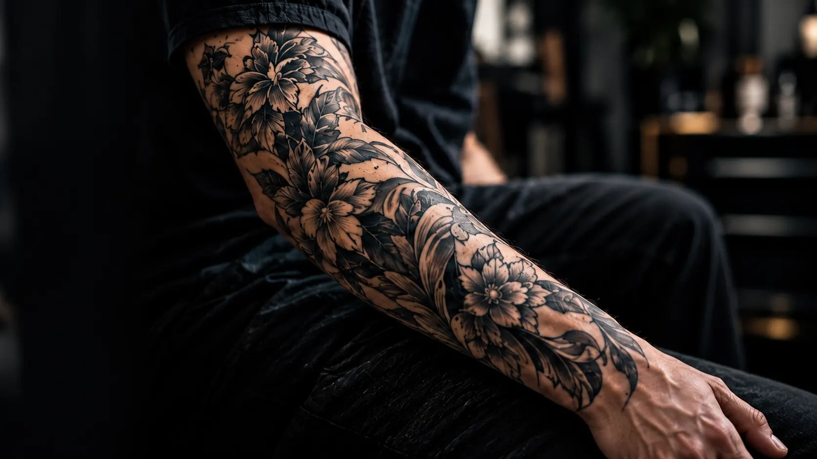 Forearm sleeve of blackwork botanical tattoos