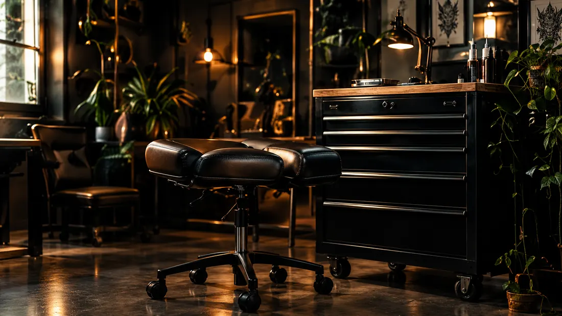 Tattoo workstation with a stool, tool cart and warm lamps