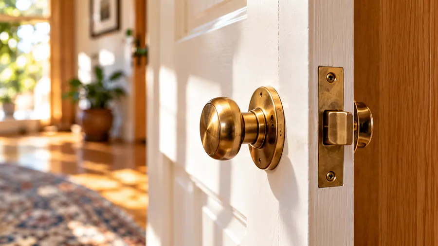 Brass doorknob and deadbolt on a white door in afternoon sun